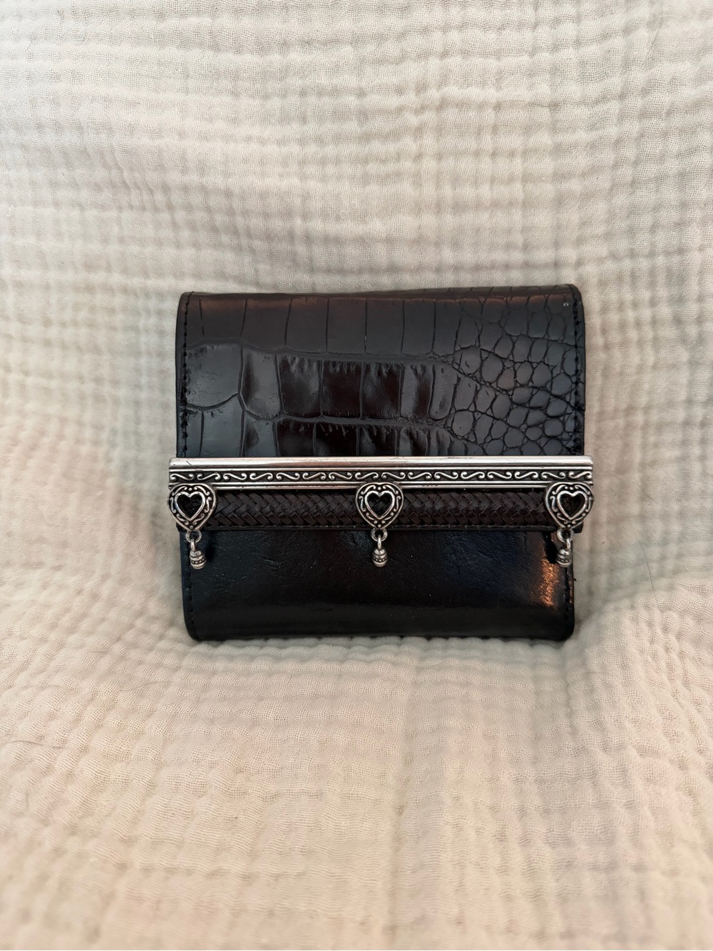 Brighton Black Croc-Embossed Leather Wallet/ Silver trim & kiss lock coin pouch.